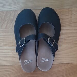 Martina Dansko Black Mary Jane Clog Mules with Silver Buckles